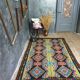 Handwoven vintage accent geometrical rug, colorful wool, Romanian carpet 220x146cm