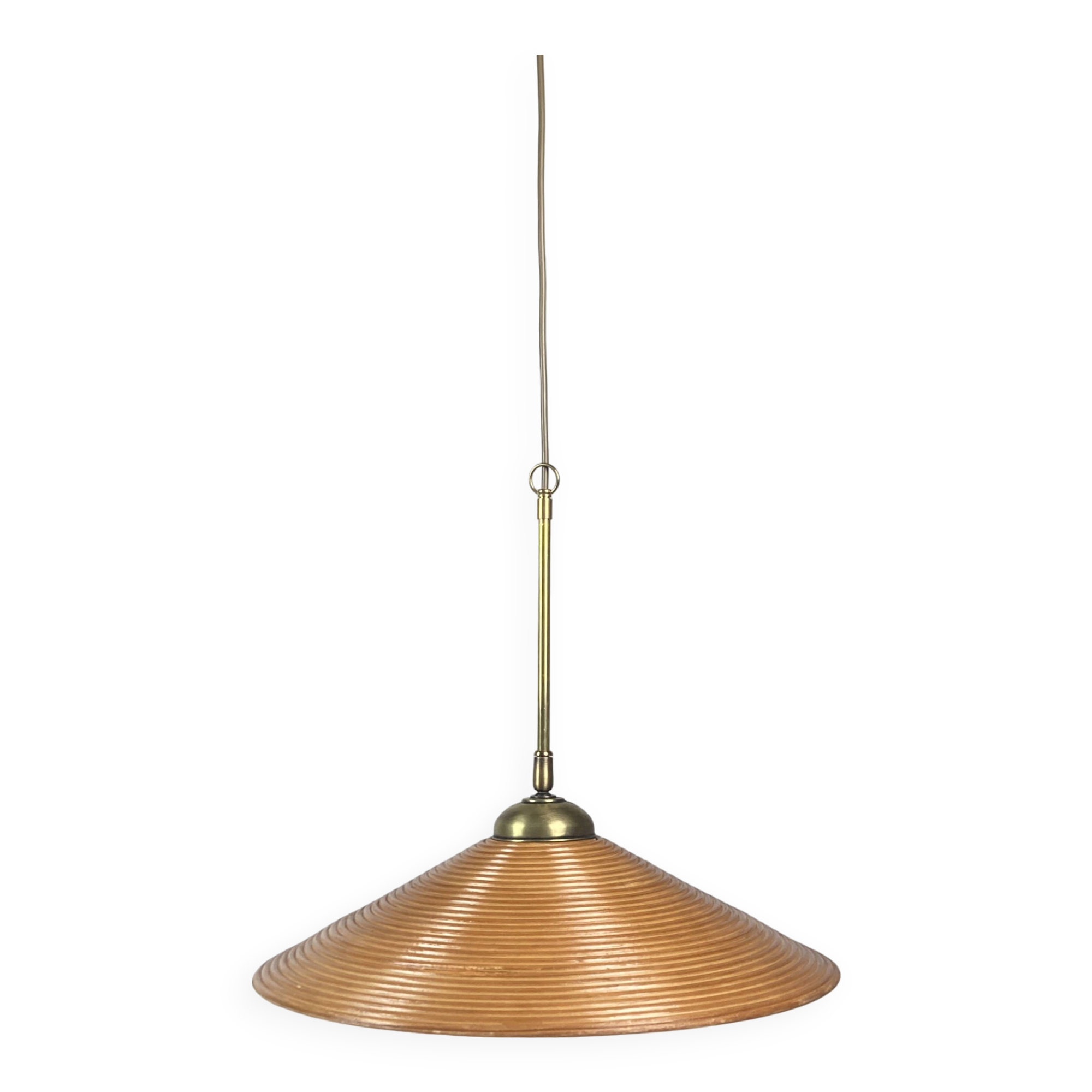 Lampe à Suspension Pencil Split Reed, Rotin, Bambou et Laiton, Italie, années 1970
