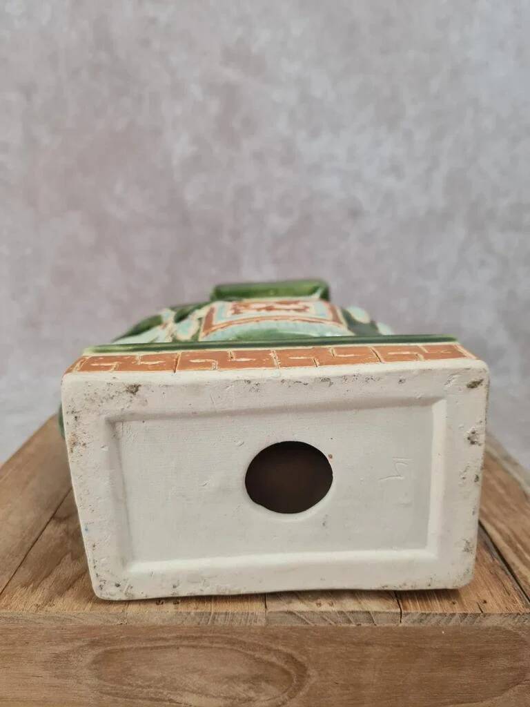 Cendrier éléphant en céramique émaillée vert et ocre – style asiatique vintage