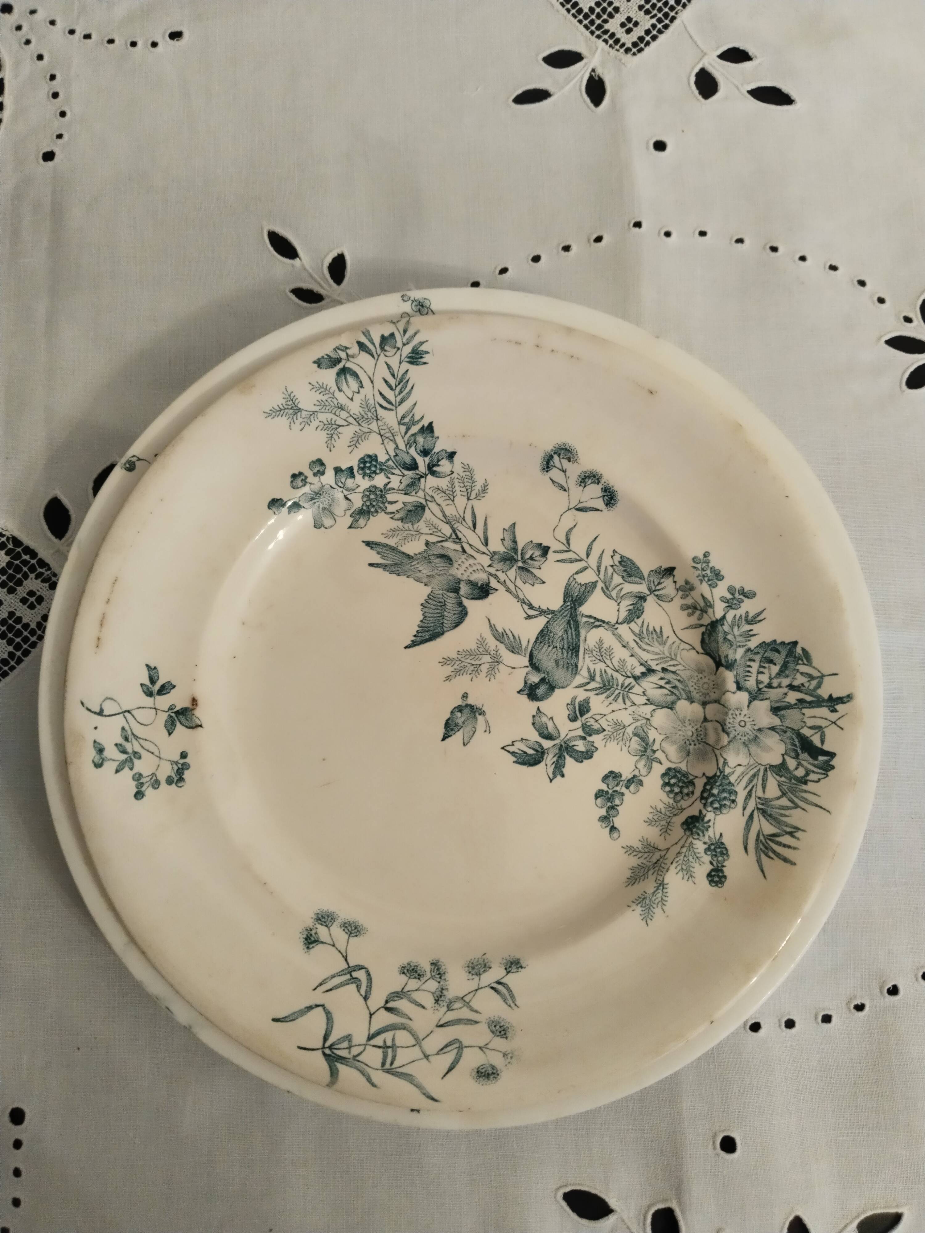 Set of 2 Longwy earthenware plates, Mignon model, blue/green