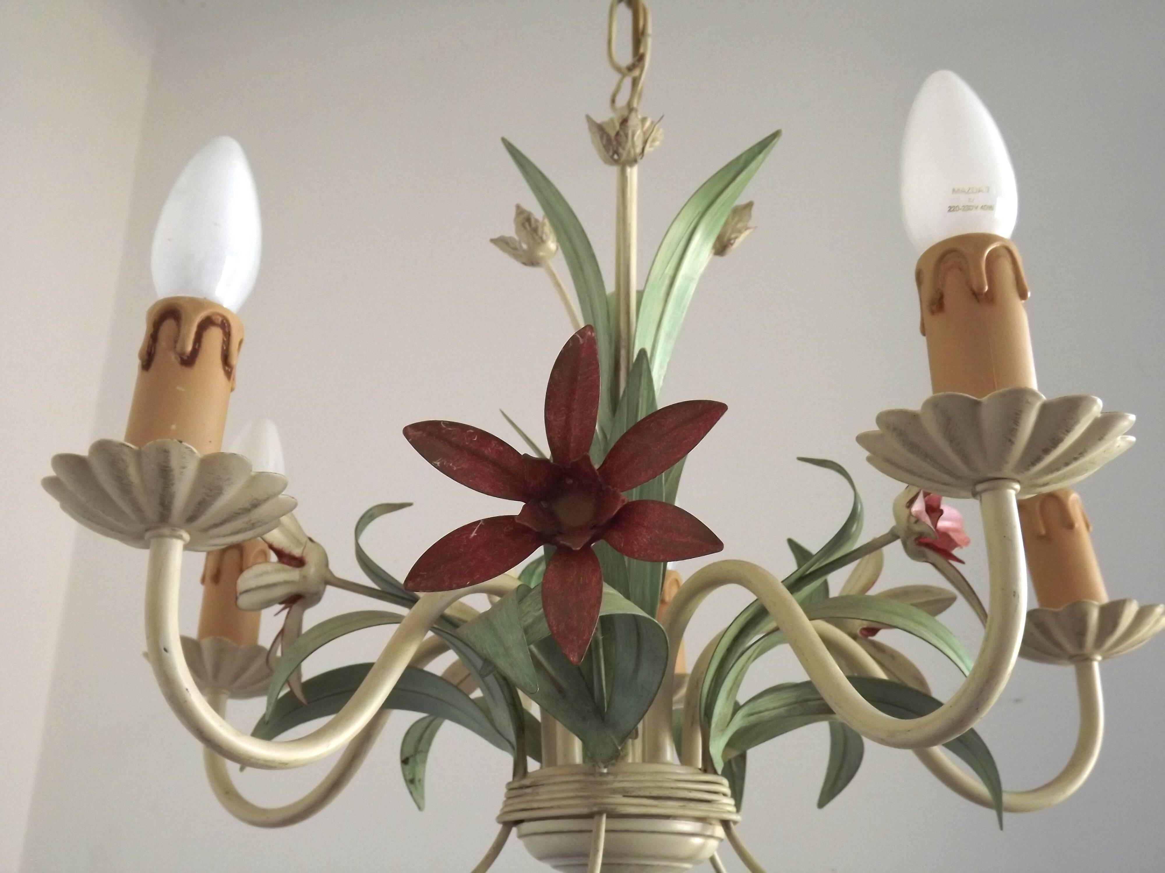 5 Light Vintage Italian Chandelier, Mathias Metal Bouquet, Pink Flowers