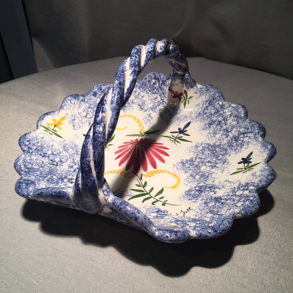 Breton earthenware basket with floral decoration empty pocket fruit cutter