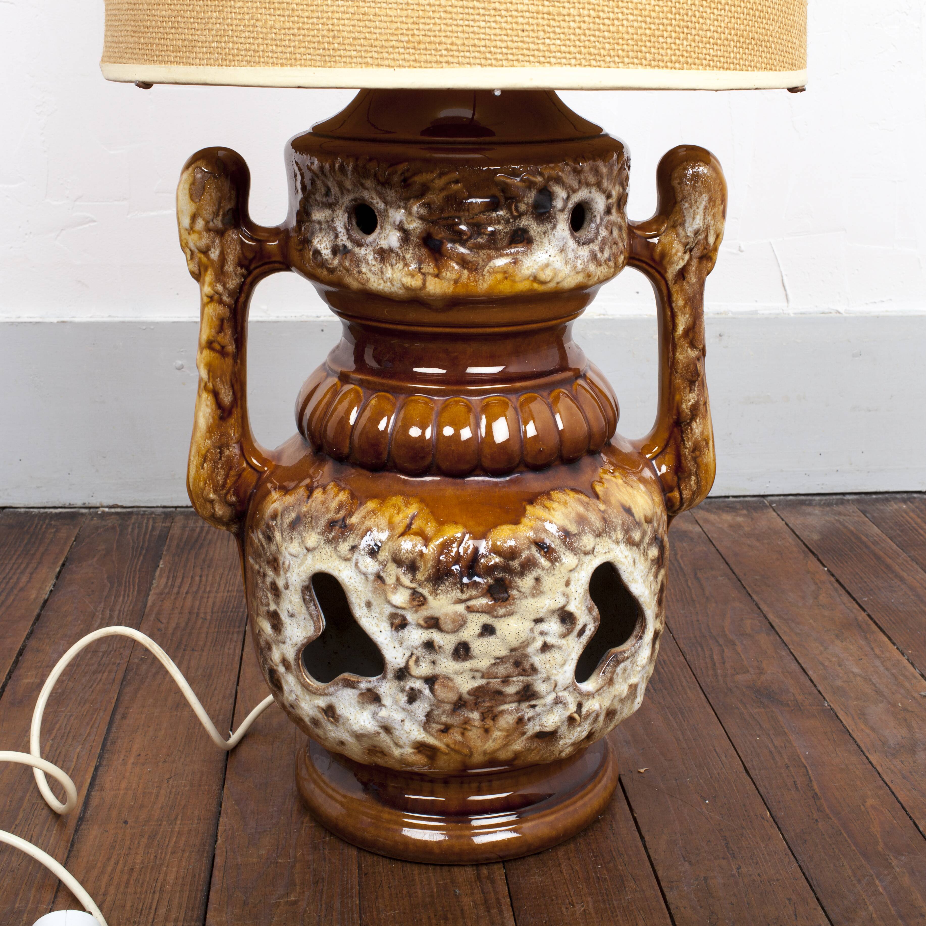 Of the 1970s vintage, foot in ceramic and fabric shade floor lamp