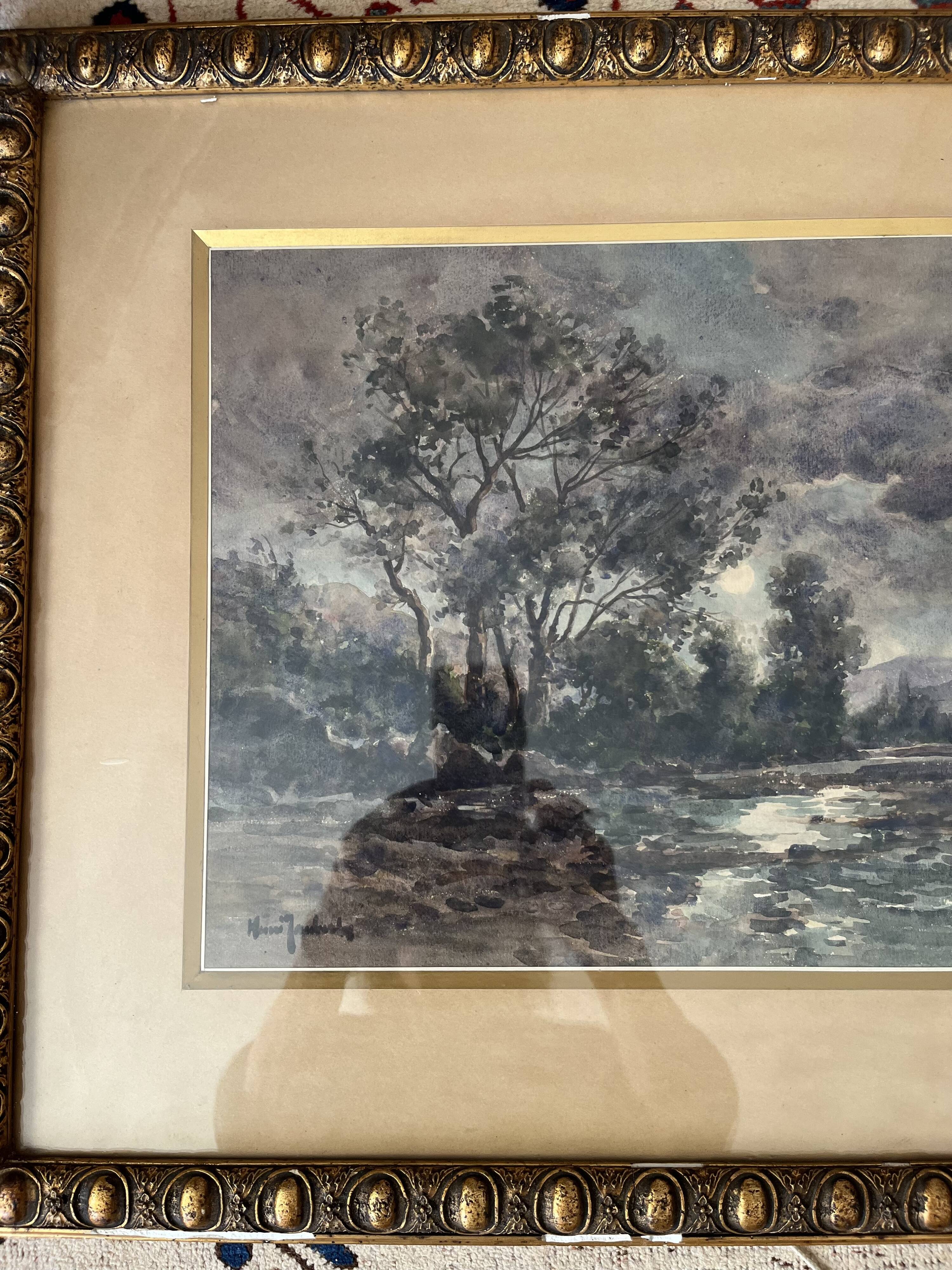 Watercolor by the painter Henri Jobert (1873 - ?), Landscape by Moonlight.