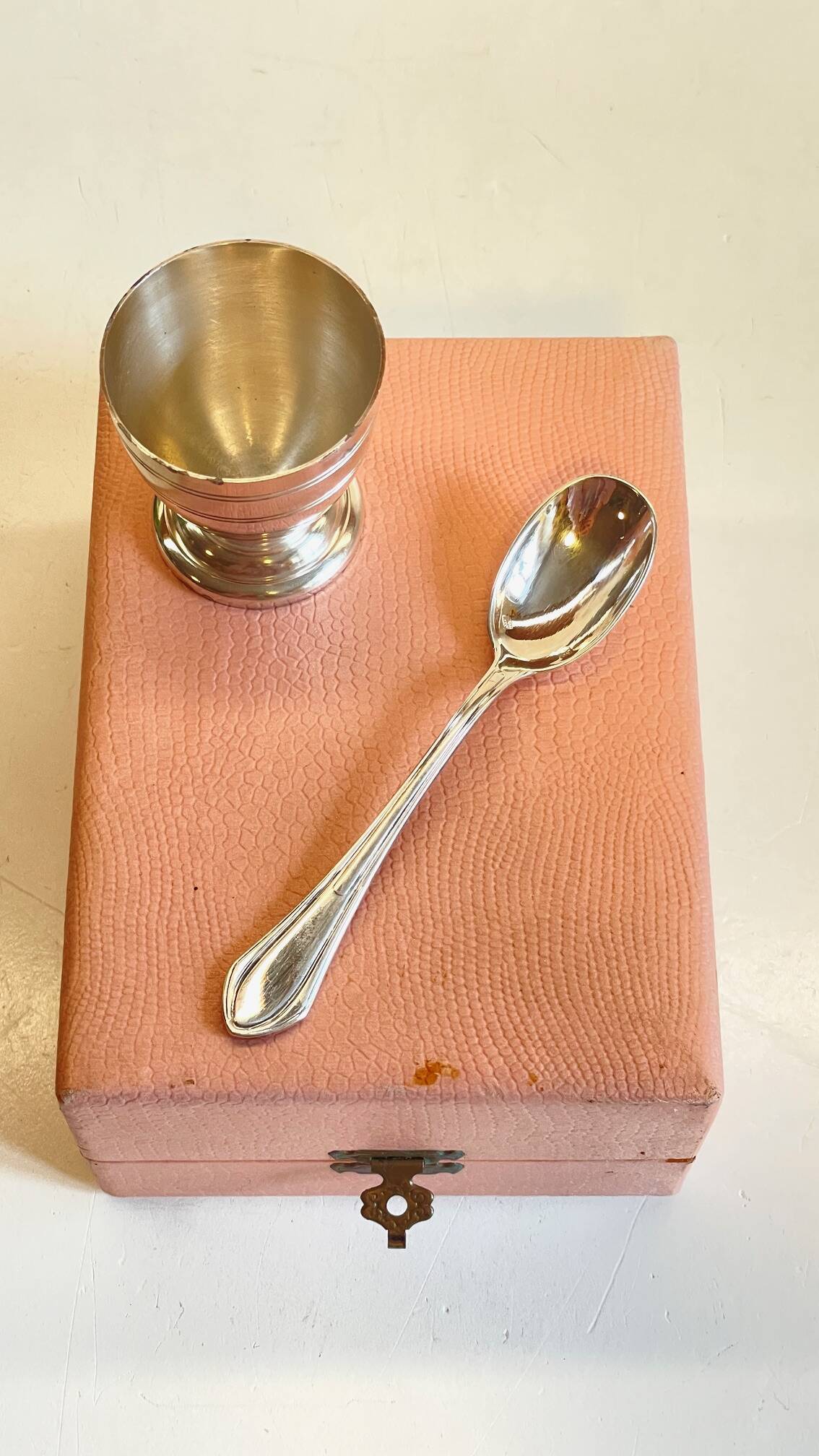 Vintage Silver-Plated Metal Egg Cup and Spoon for Birth