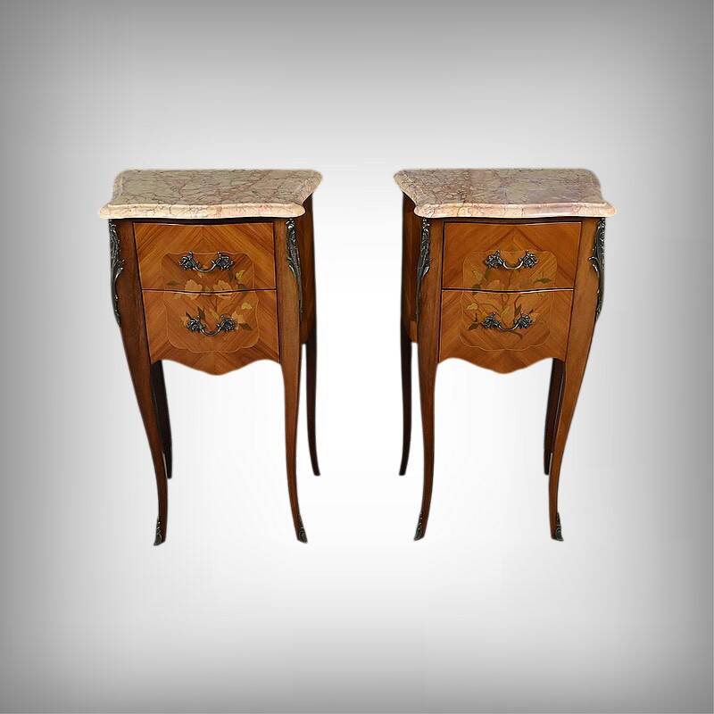 Pair of bedside tables in rosewood marquetry, Louis XV style – 2nd half of the 20th century