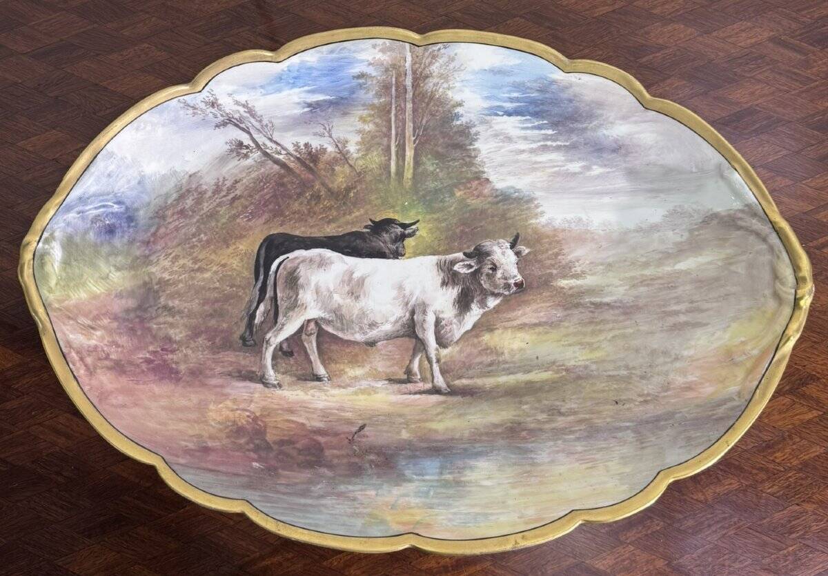 Large decorative plate made of hand-painted porcelain – Countryside scene with cattle
