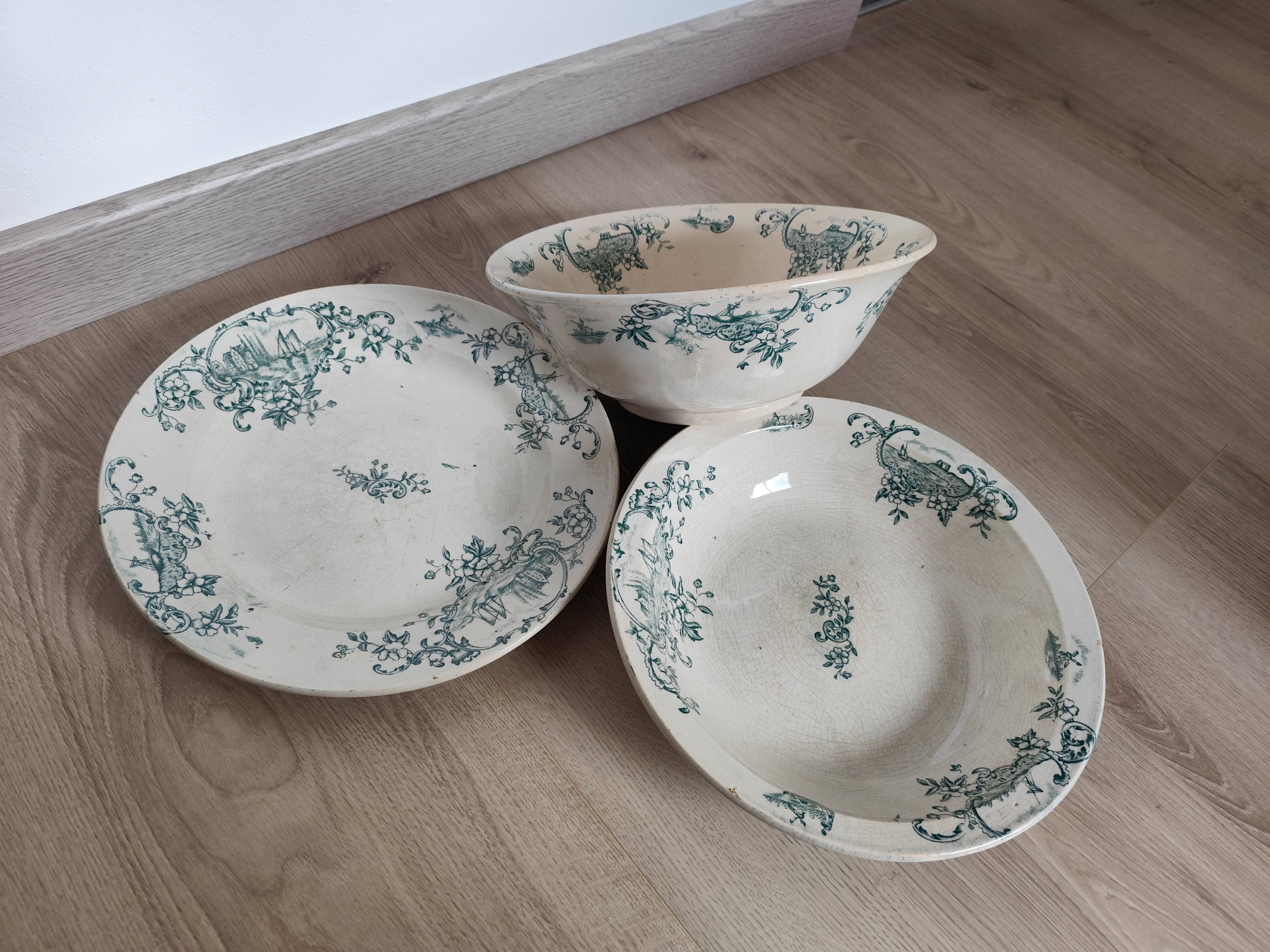 Trio of dishes: Salad bowl, Vegetable dish & Deep plate Faïence de Lyon Model