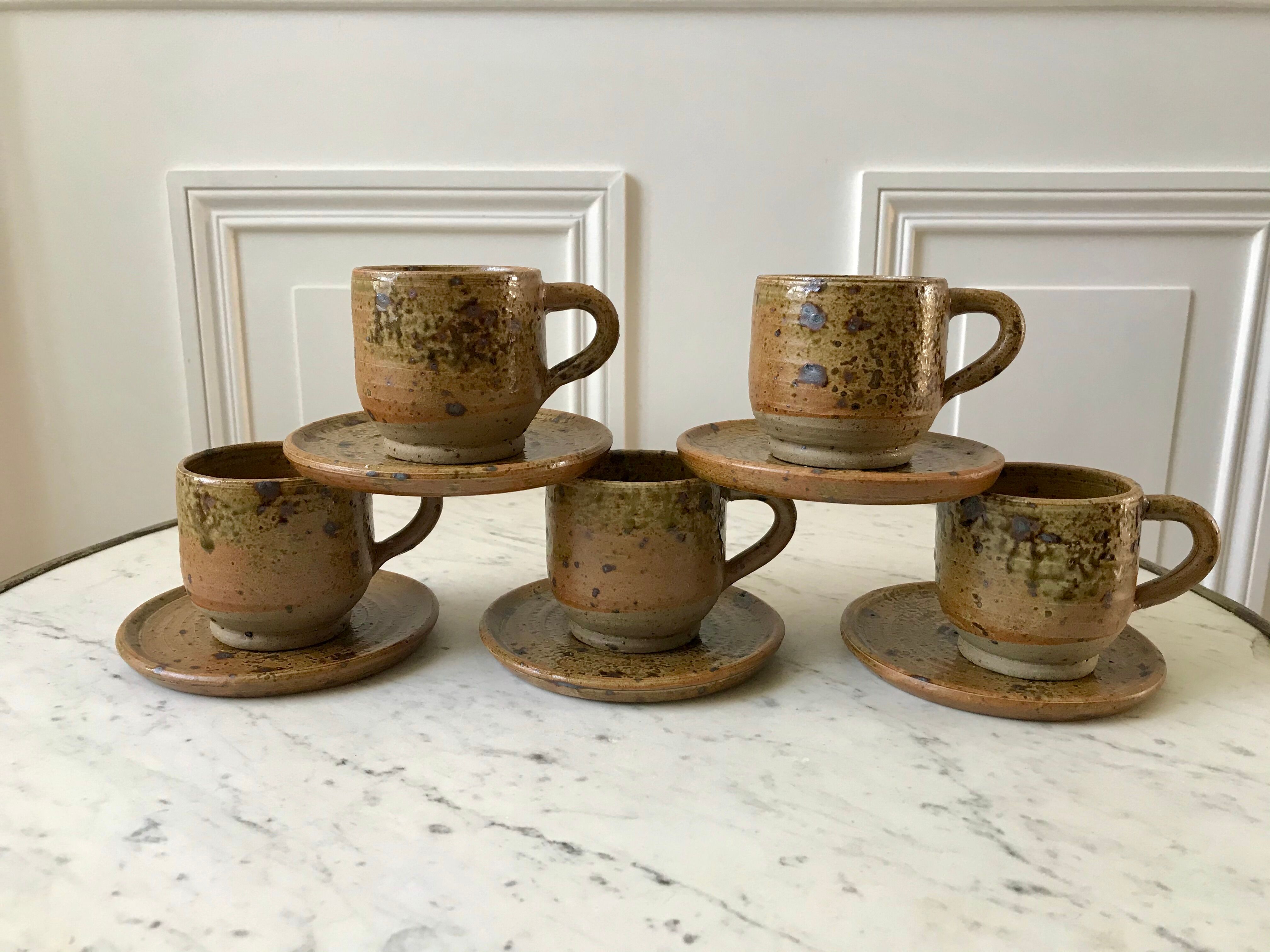coffee service 6 cups and saucers, teapot and sugar bowl in ceramic / pottery / stoneware years 50-6