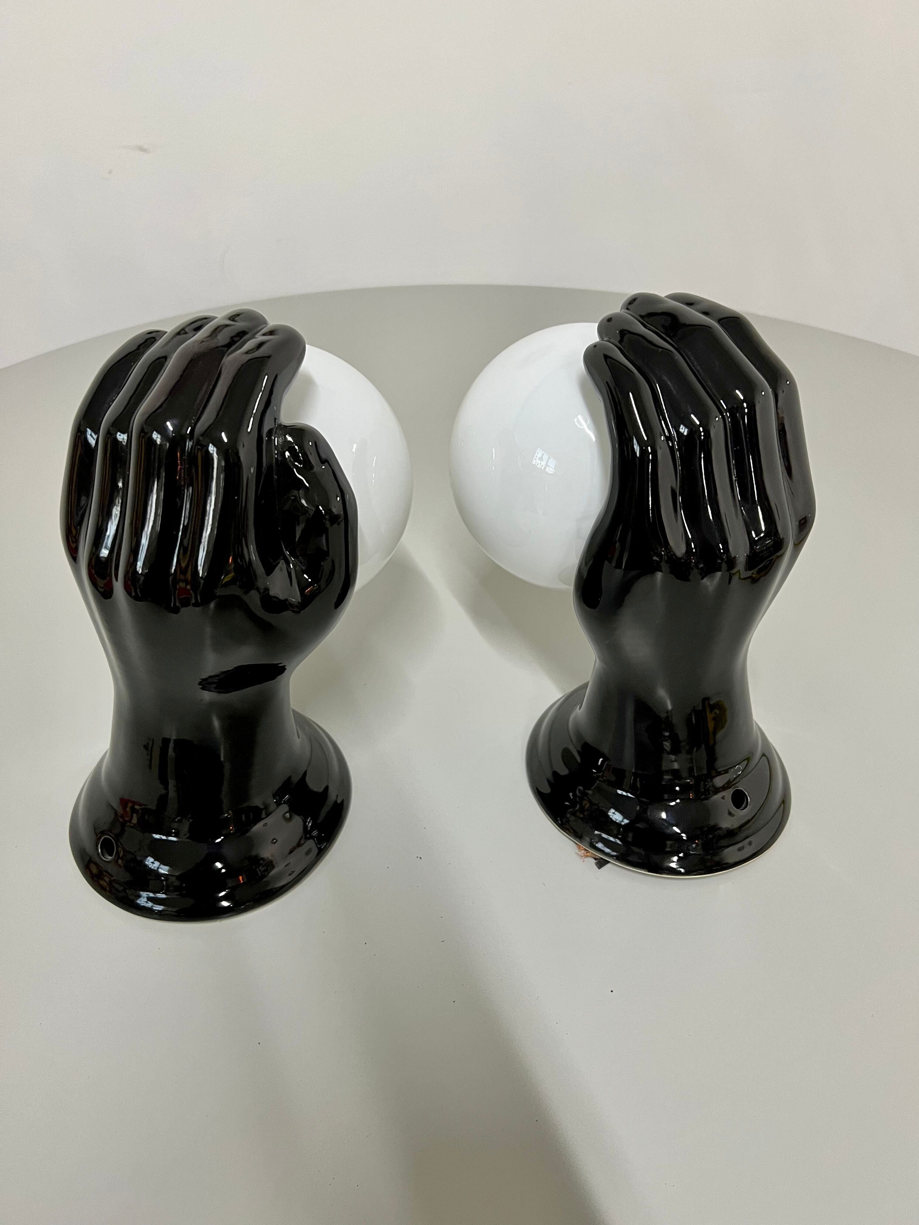 2 black ceramic hand lamps from the 70s / vintage and opaline lamp