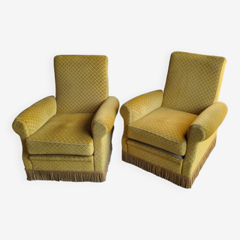 Pair of mustard velvet armchairs with fringes