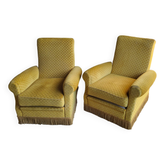 Paire de fauteuils velours moutarde à franges