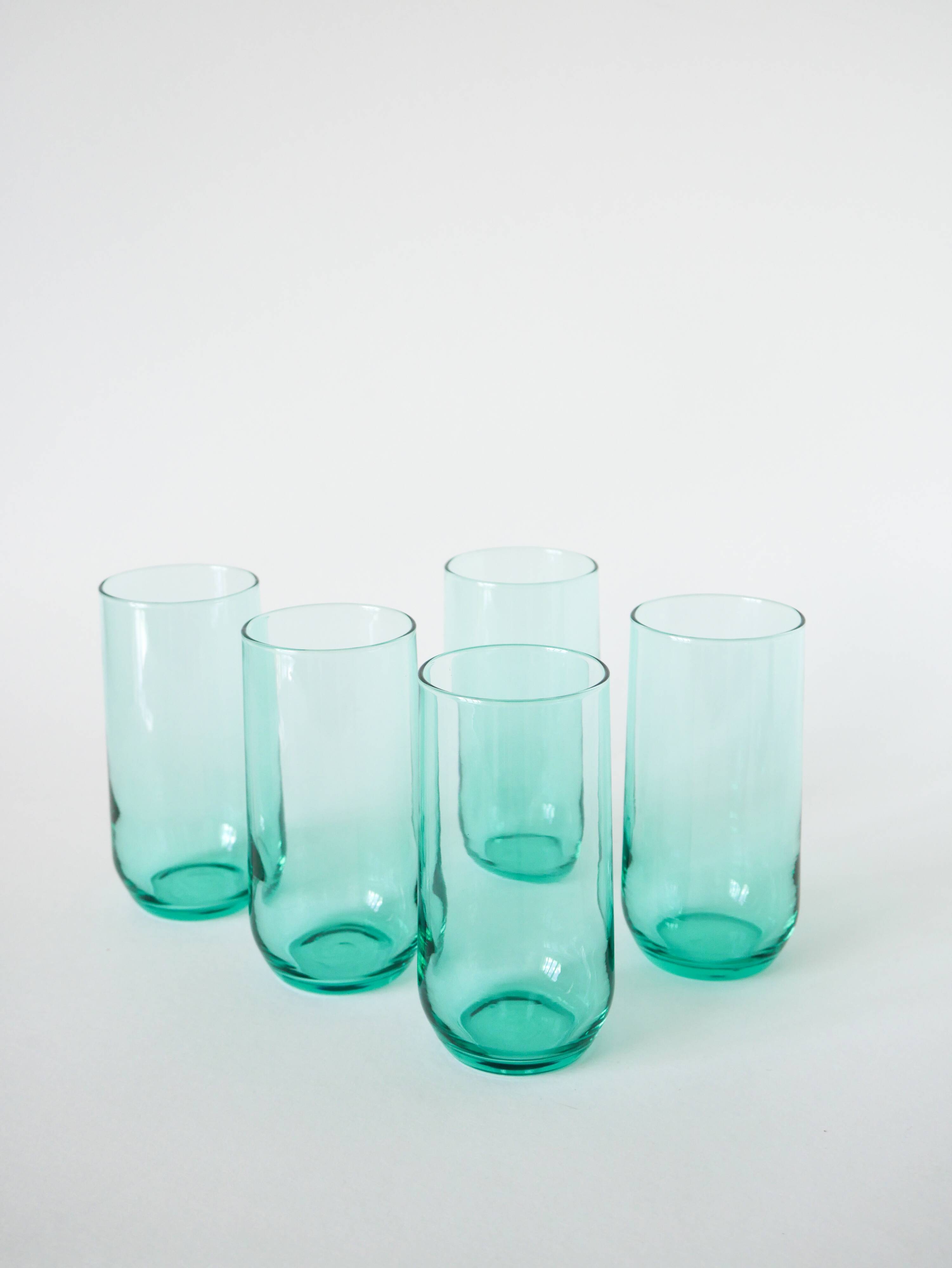 Set of 5 Long Drink water glasses in green glass, 1970