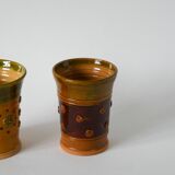Paire de gobelets en céramique / poterie jaune et vert, vintage, 1970