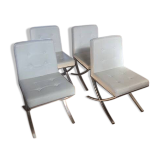 Series of 4 vintage chairs metal chrome and skai white