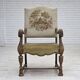 1950s, Danish highback armchair, hand woven wool, velour, carved oak wood.