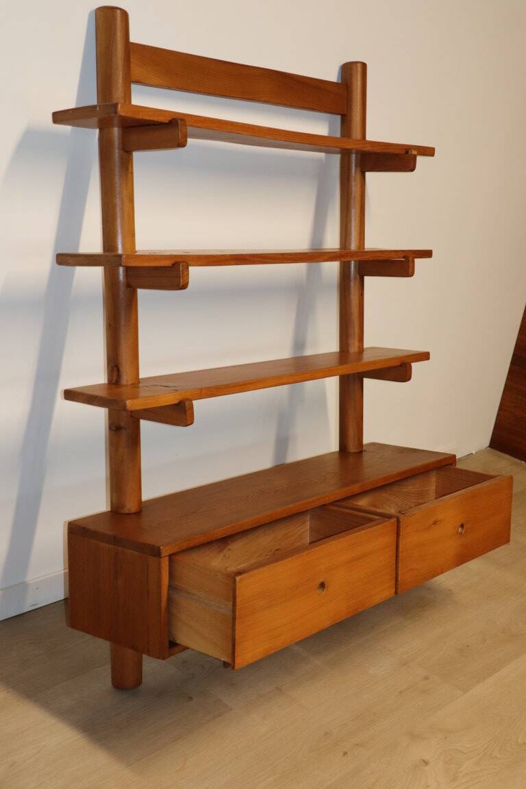 Vintage wall shelf unit in solid elm, 1970s