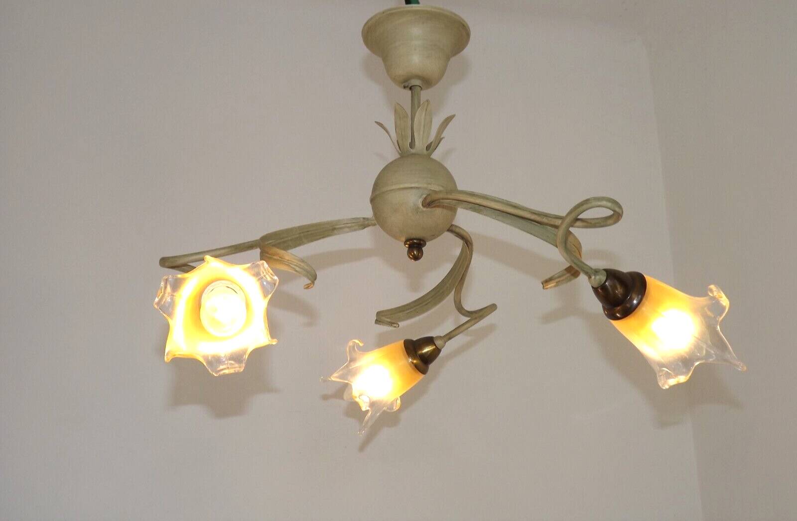 Stunning Italian Vintage 3 Light Tole Chandelier with Blown Glass Shades 4646
