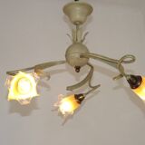 Stunning Italian Vintage 3 Light Tole Chandelier with Blown Glass Shades 4646