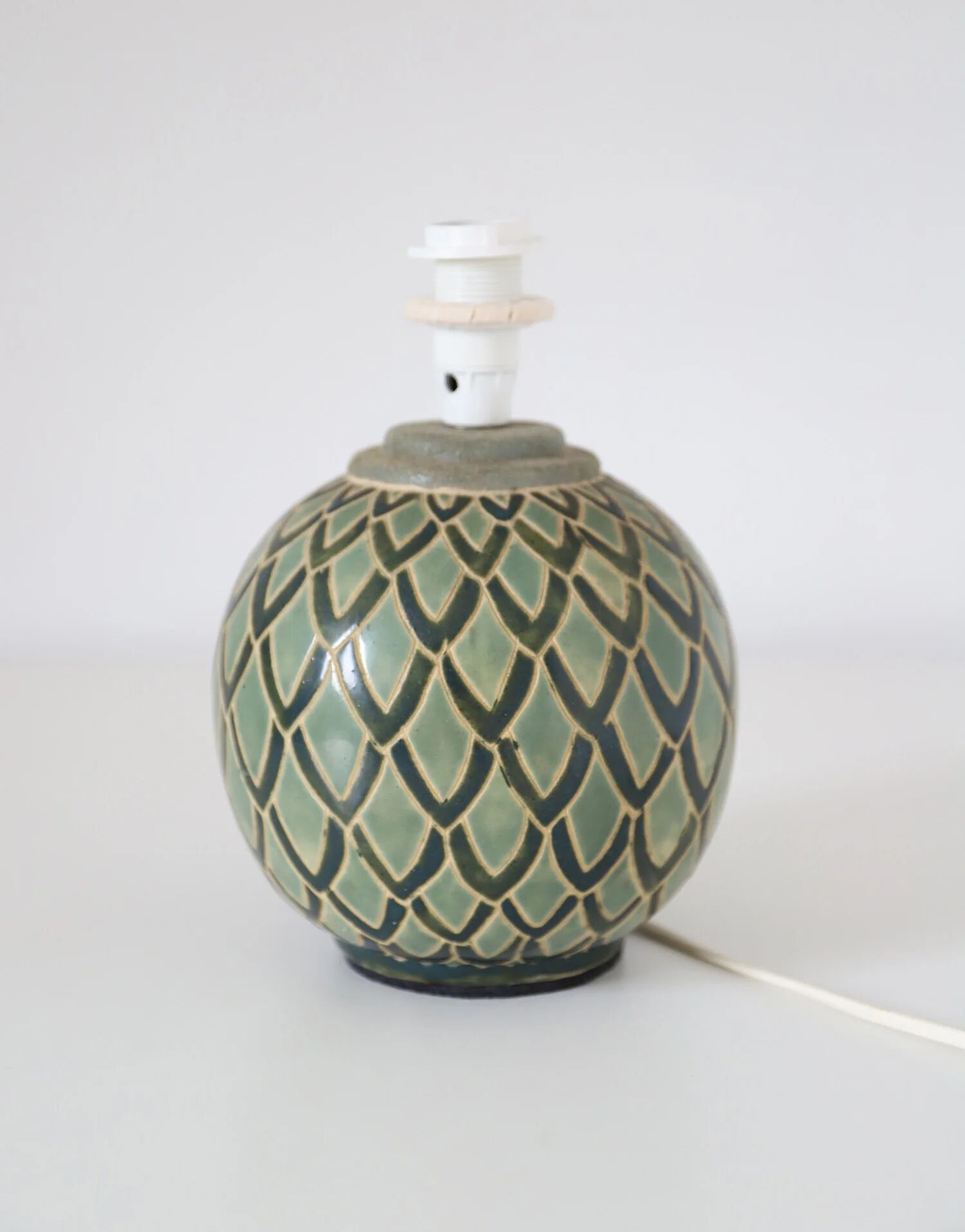 Recycled vintage lamp — ceramic art deco ball base and linen shade