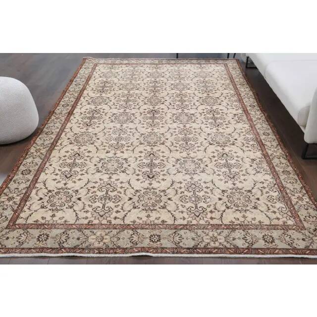 Vintage Turkish Hand-Knotted Wool Cotton Beige Area Rug 202x322