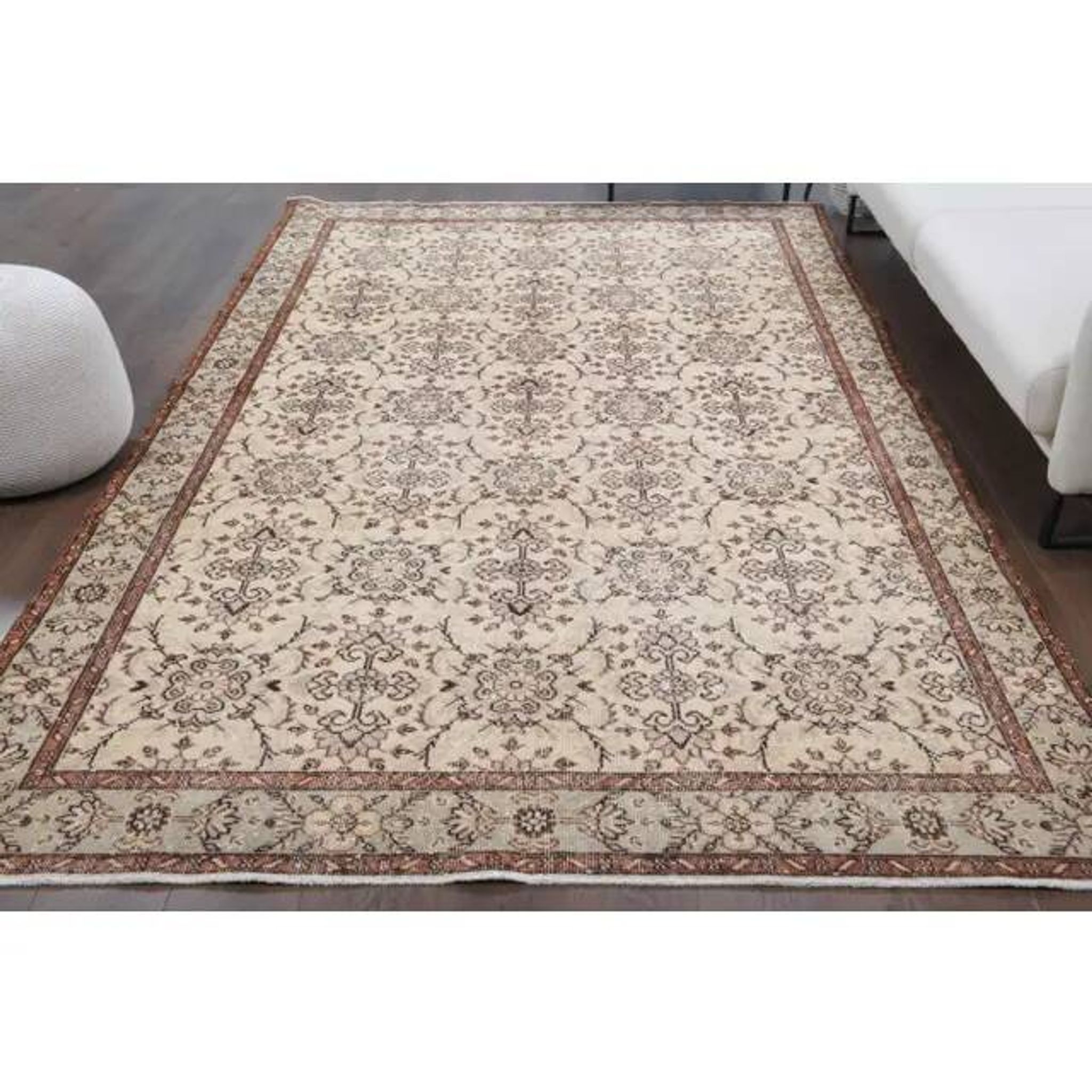 Vintage Turkish Hand-Knotted Wool Cotton Beige Area Rug 202x322