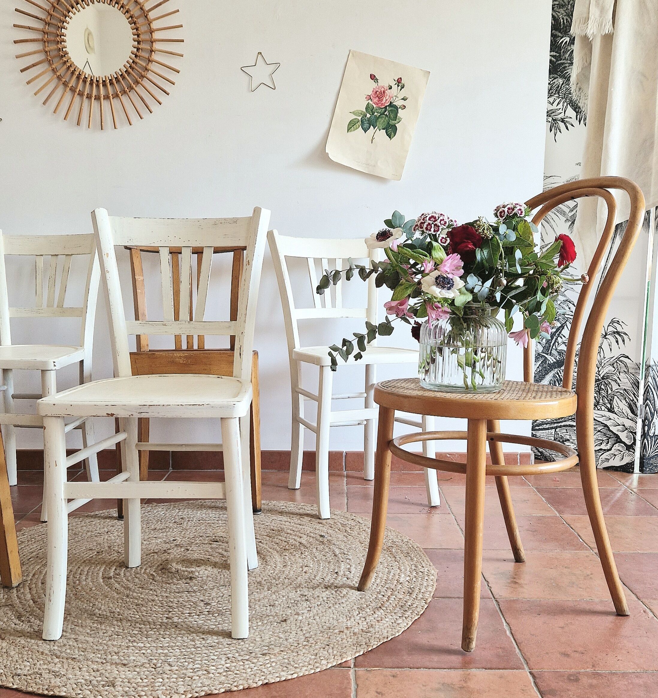 Set of 6 mismatched and patinated chairs
