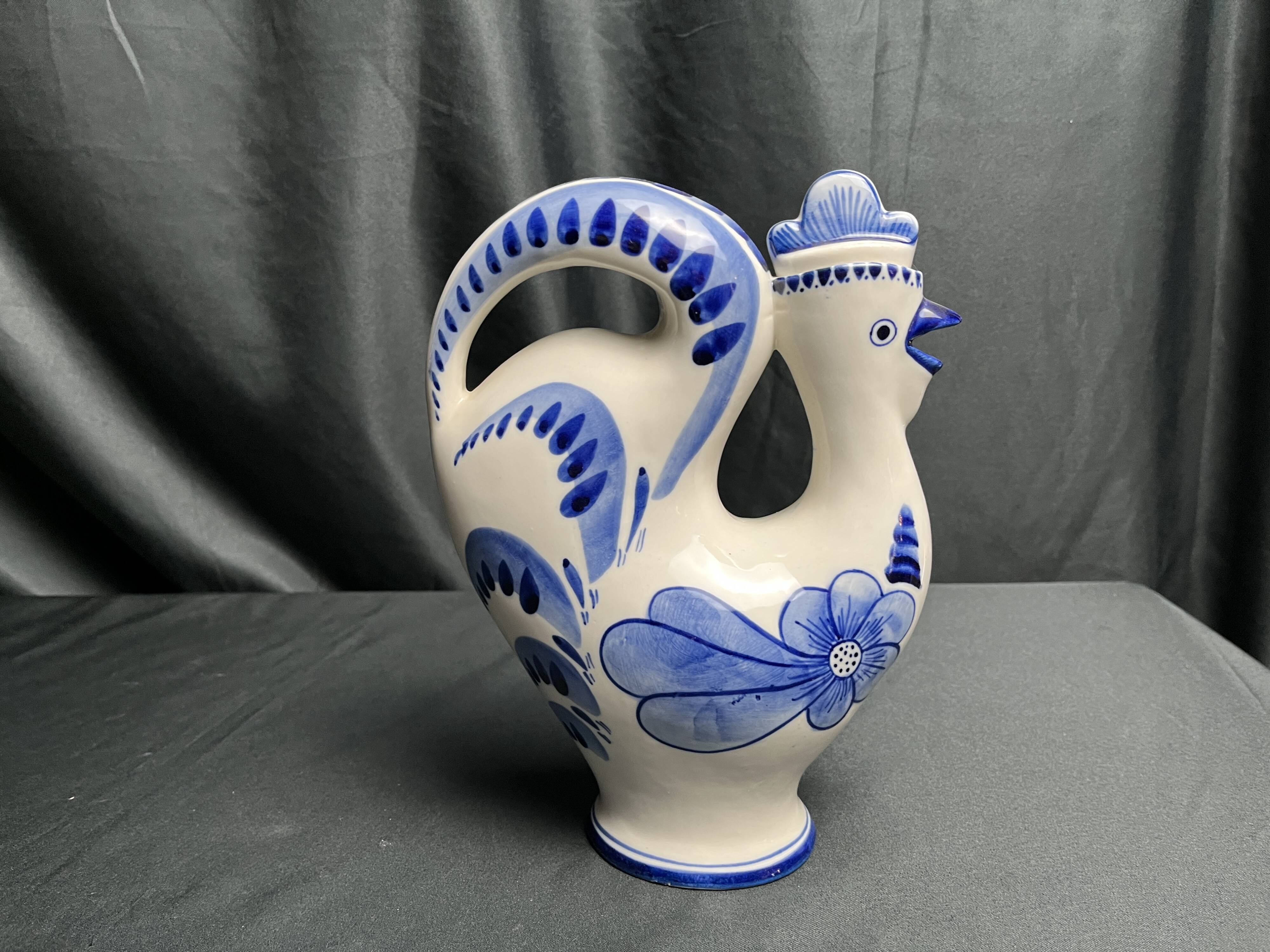 Pitcher bottle hen earthenware white blue USSR 20th century