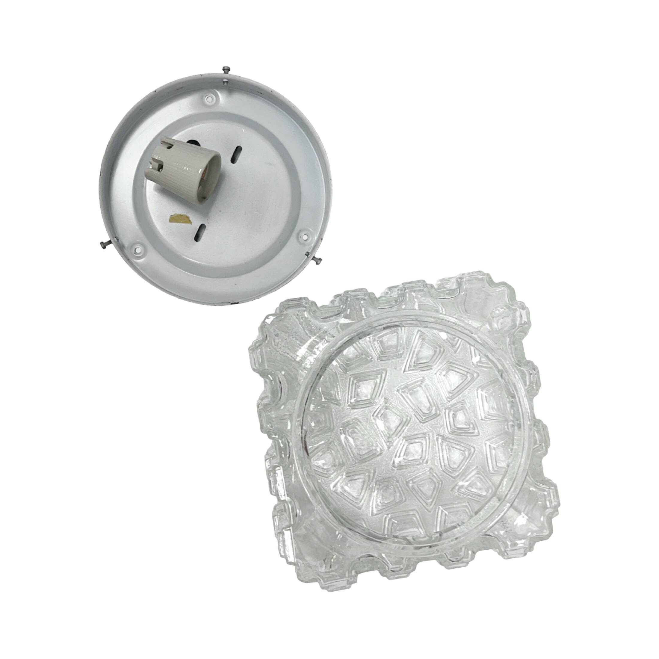 1970s square Hillebrand ceiling light made of thick pressed glass.
