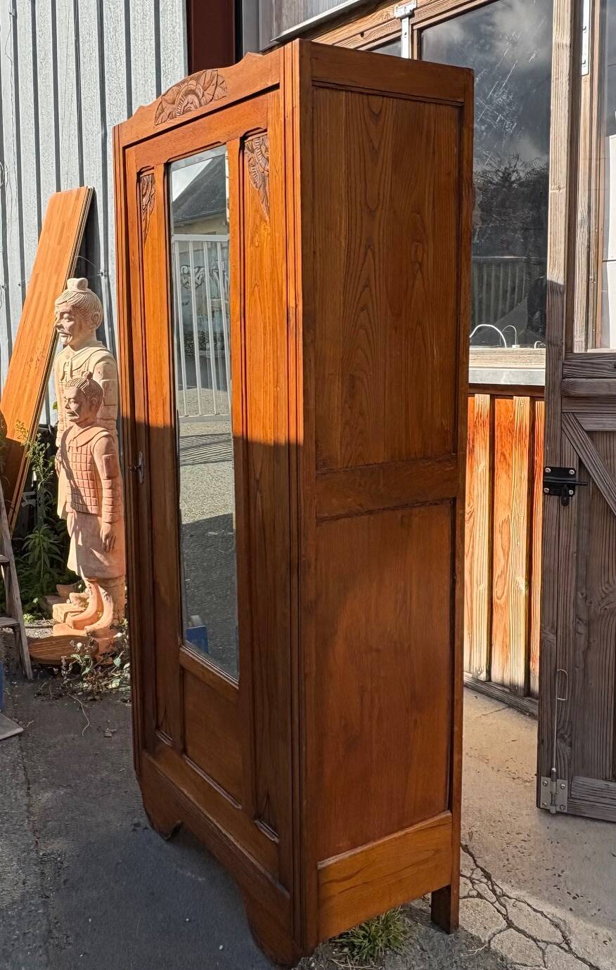 /Art Deco wardrobe with mirror in carved solid oak from the 20s/30s