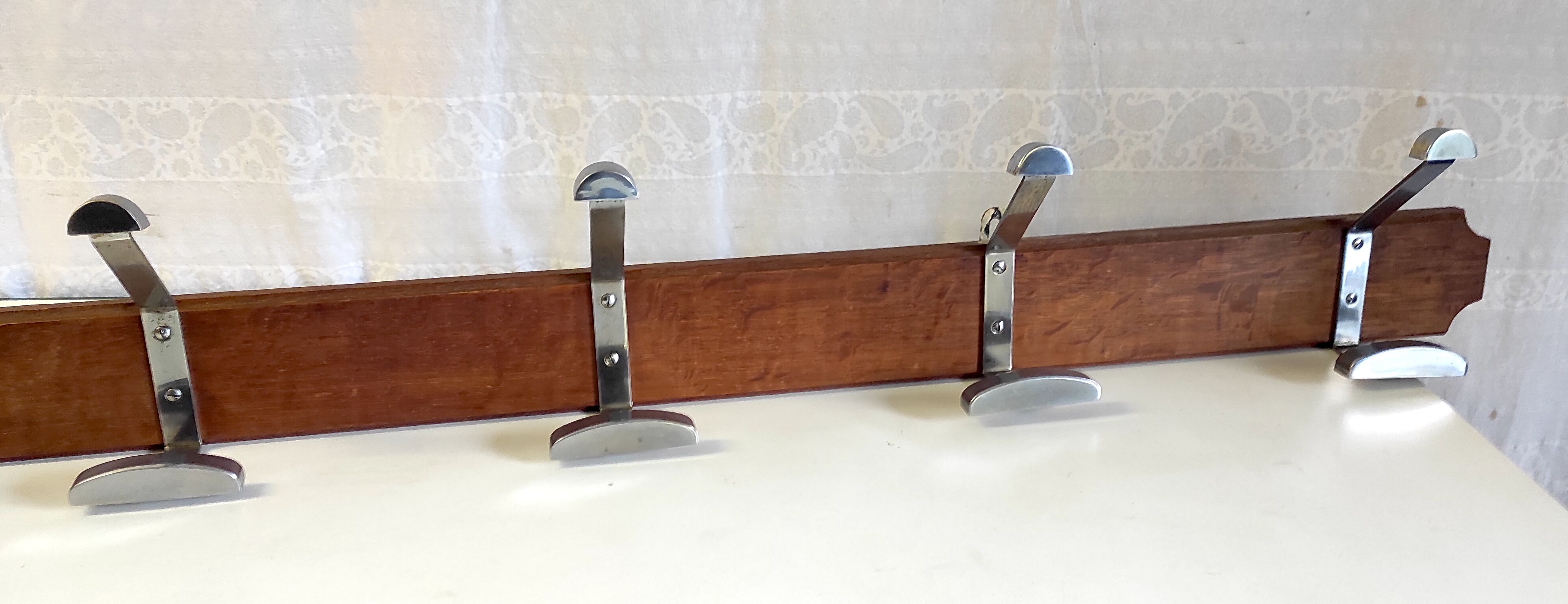 Wooden wall coat rack and chrome hooks – 60s