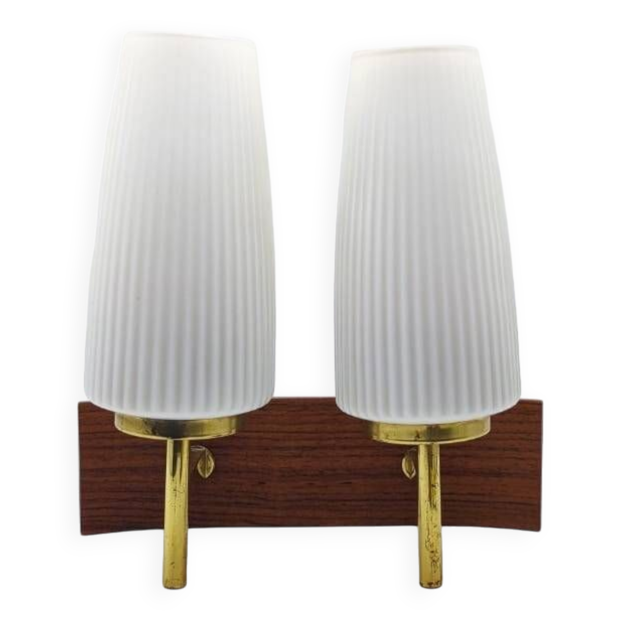 Duo of vintage wooden wall lights with white opaque glass lampshade.