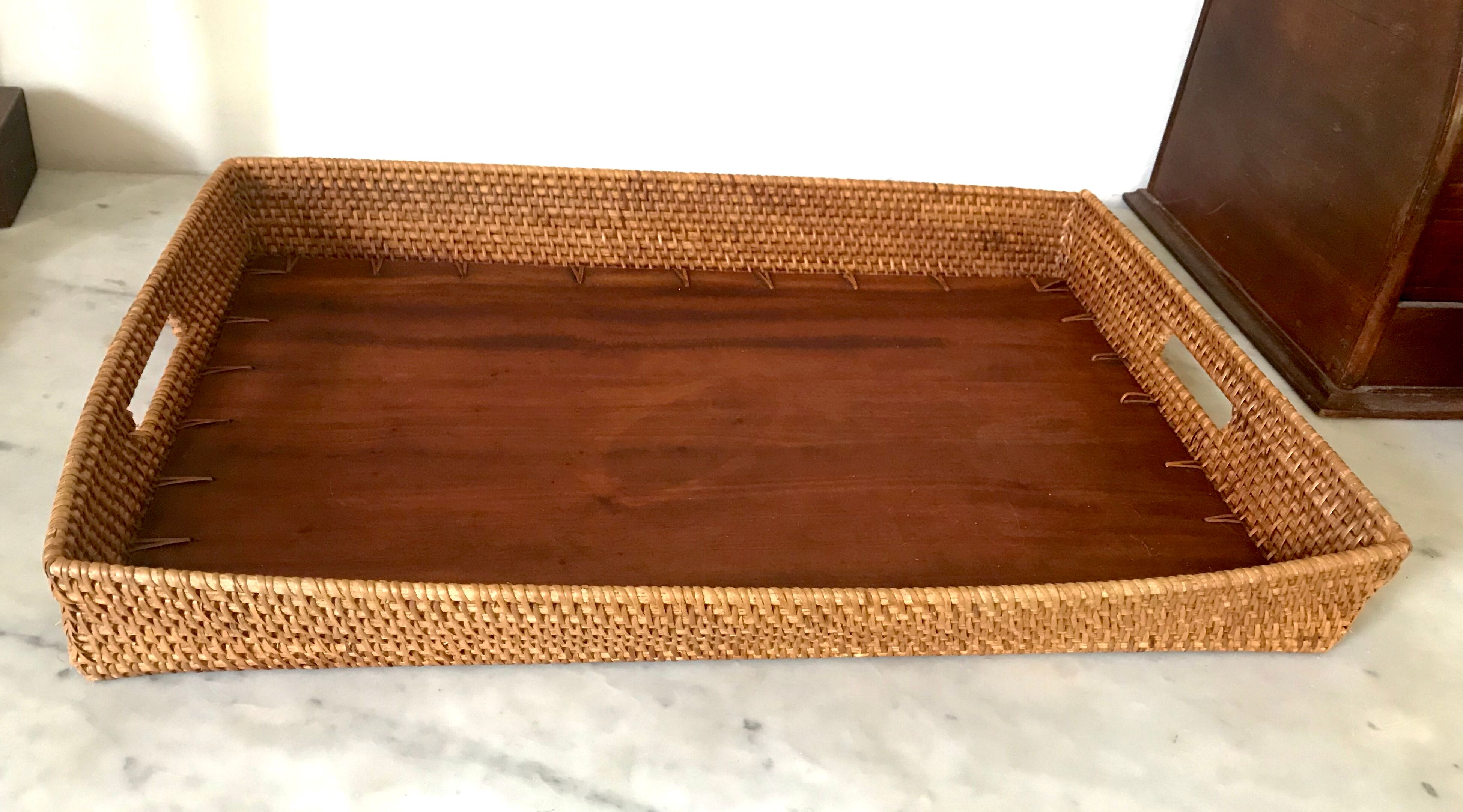 Vintage wood and rattan platter