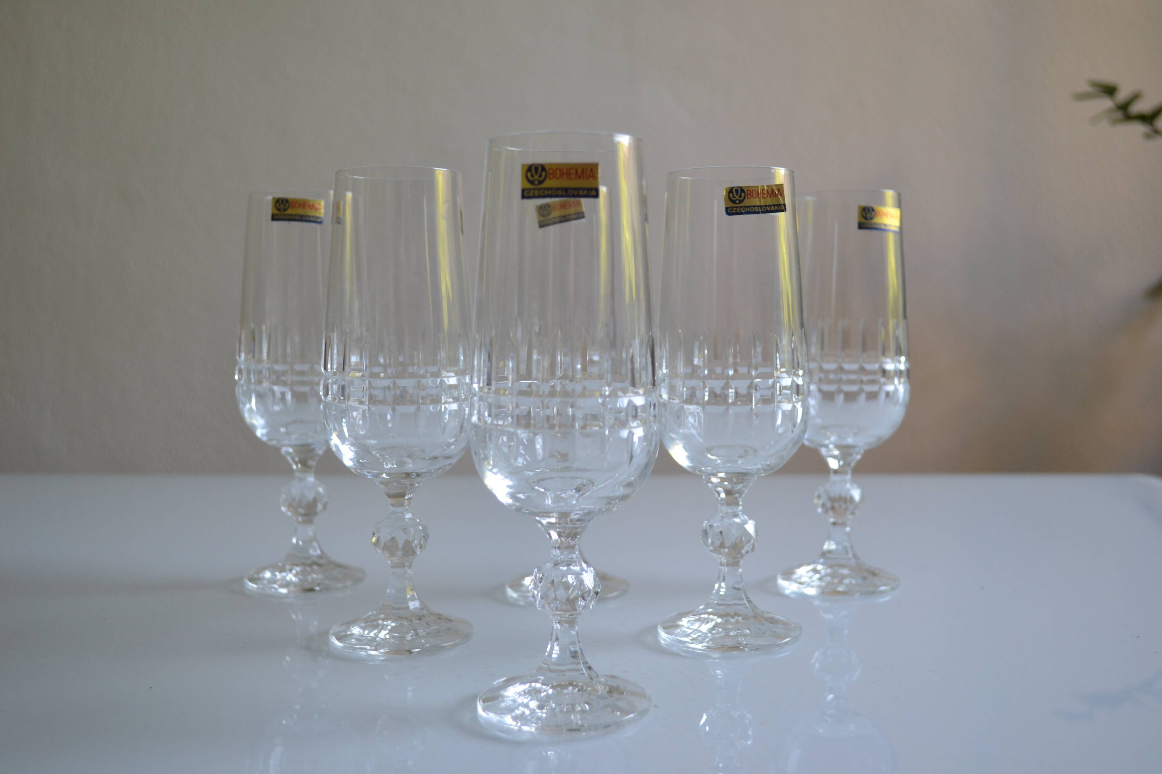 6 champagne flutes in Bohemian crystal Czechoslovakia
