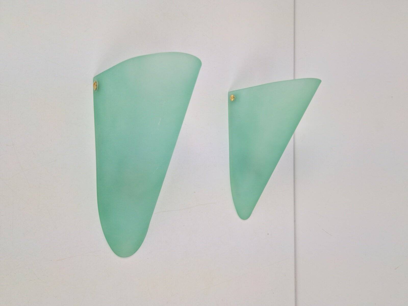 Vintage Triangular Conical Wall Sconces in Green Frosted Glass, 1990s, Set of 2
