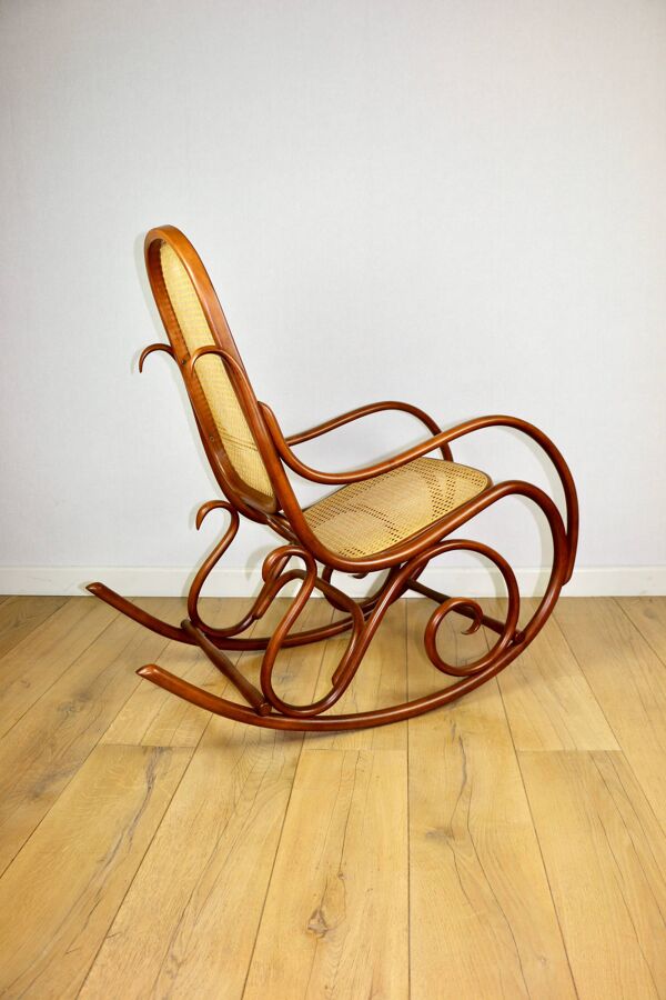 Chaise berçante sur patins, marron clair d'origine, années 1970 - parfaite comme neuve