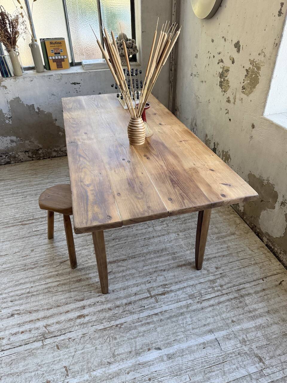 1950s pine and oak farmhouse table with multiple drawers