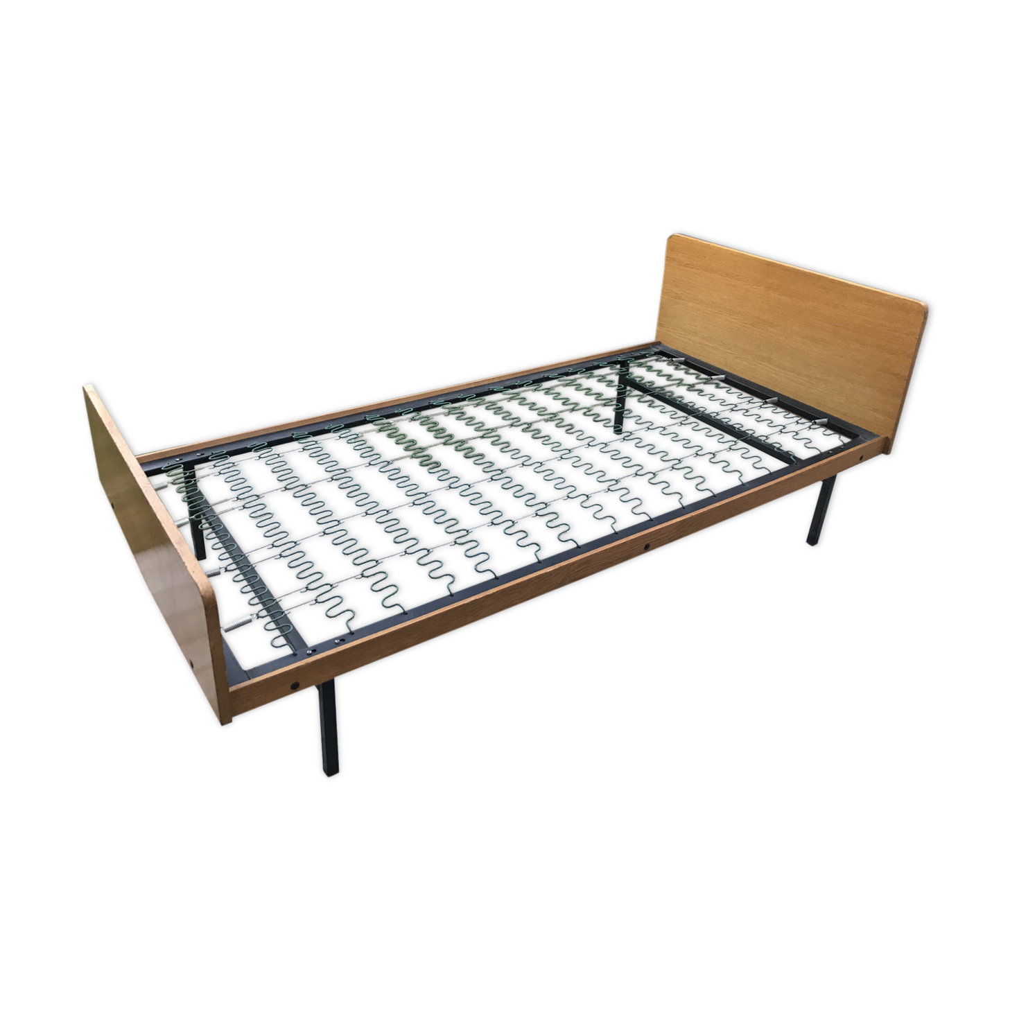 Bed in blond wood and feet 1950 vintage metal - 1 person