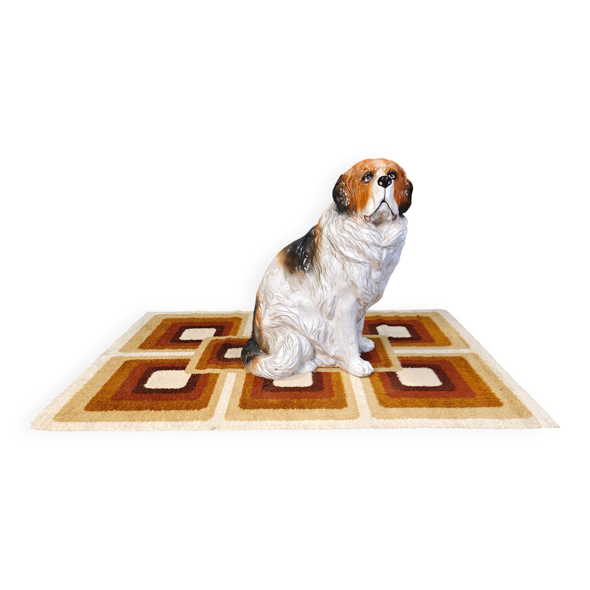 Life sized vintage glazed terracotta St Bernard dog sculpture, 1960s