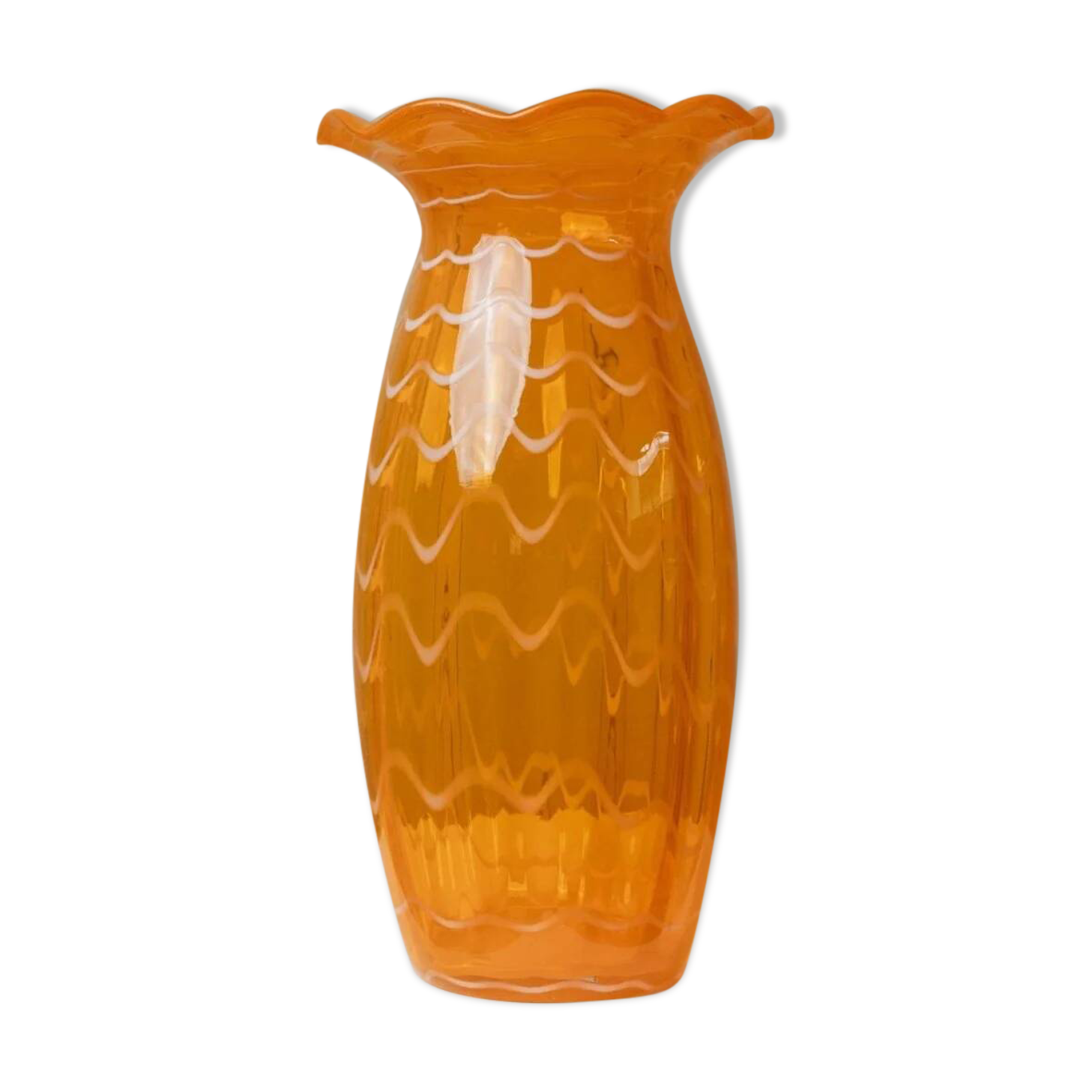 Orange Murano glass vase, XL 34cm, 1970s Italy, white stripes and wavy rim