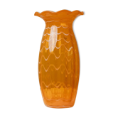 Orange Murano glass vase, XL 34cm, 1970s Italy, white stripes and wavy rim