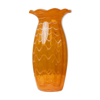 Orange Murano glass vase, XL 34cm, 1970s Italy, white stripes and wavy rim