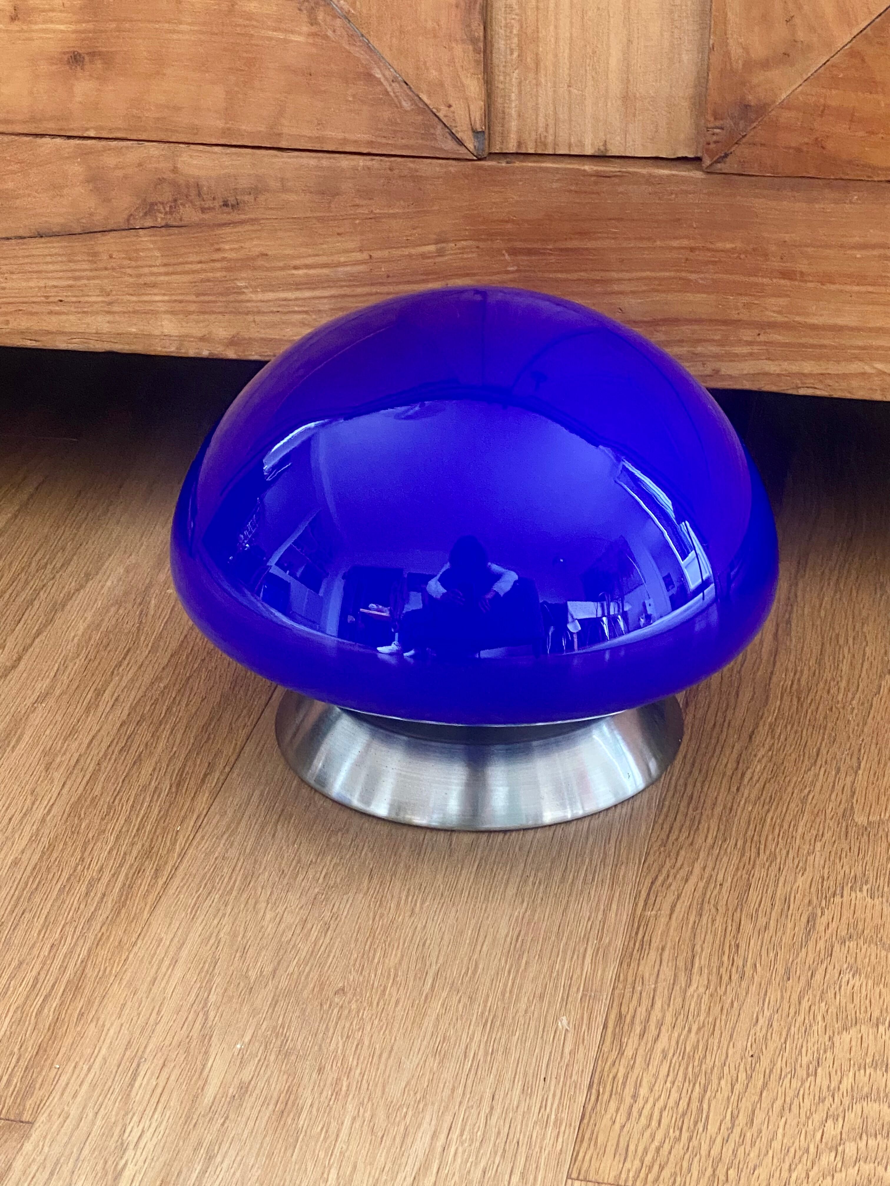 Lampe champignon vintage verre bleu roi