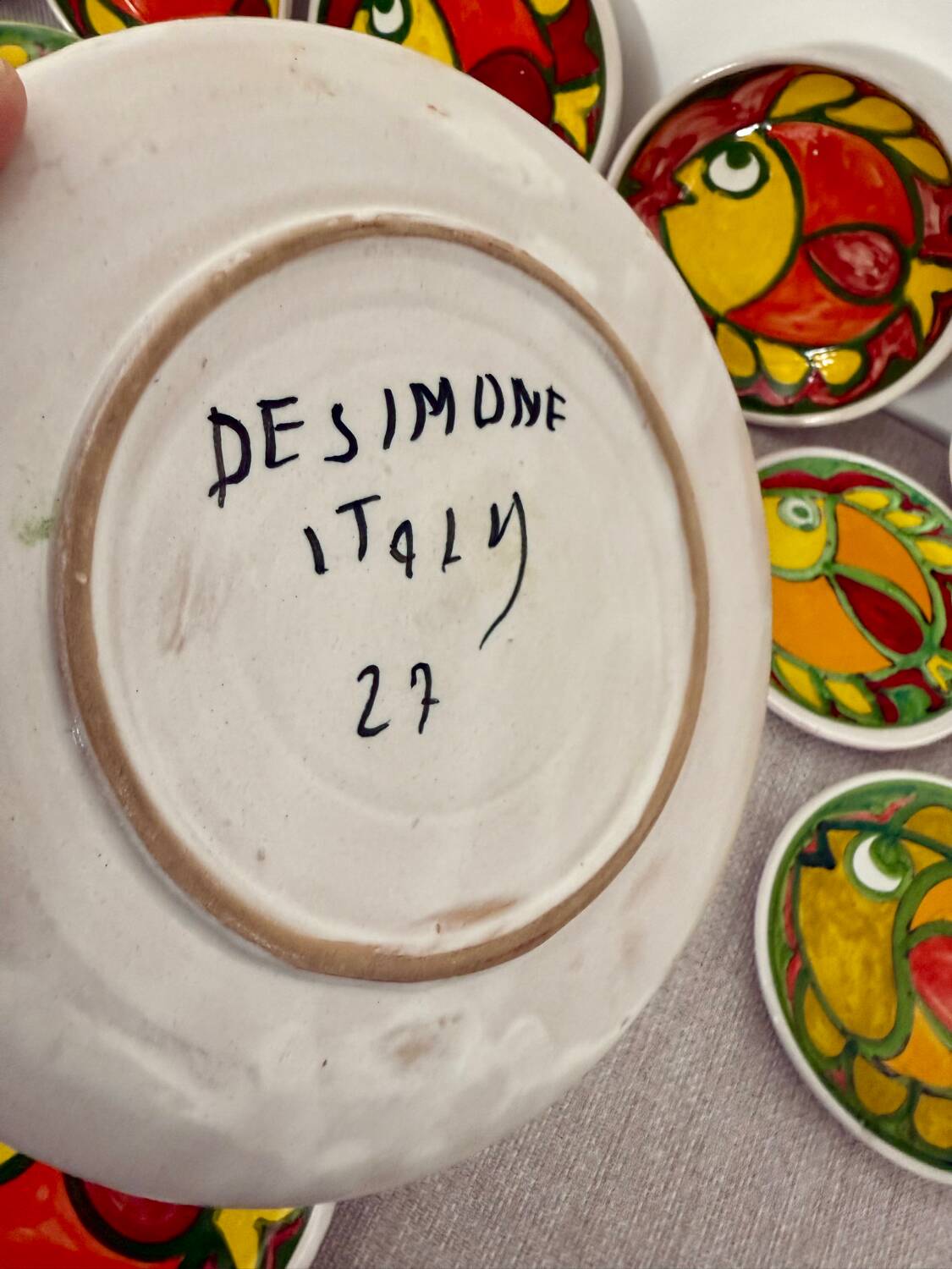 Italian ceramic plate set signed Desimone Italy fish decor 60s vintage