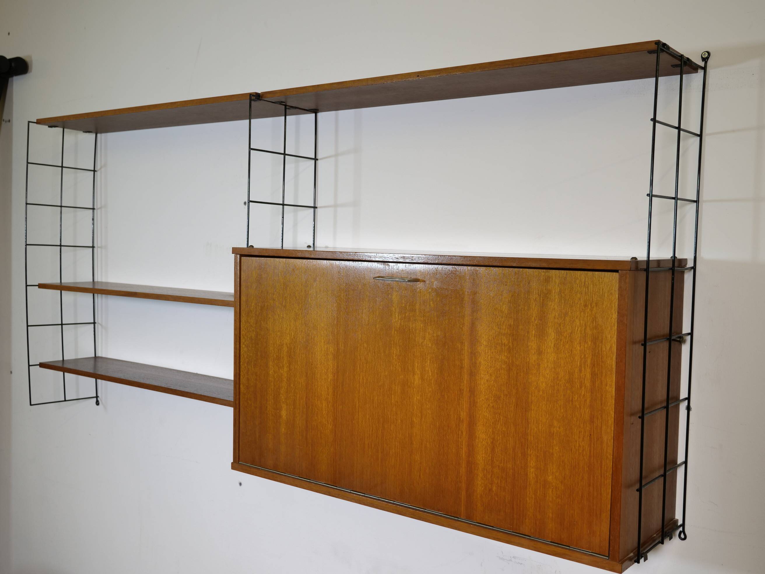 Mid Century String Shelving Unit in Teak with Secretary Cabinet, 1960s