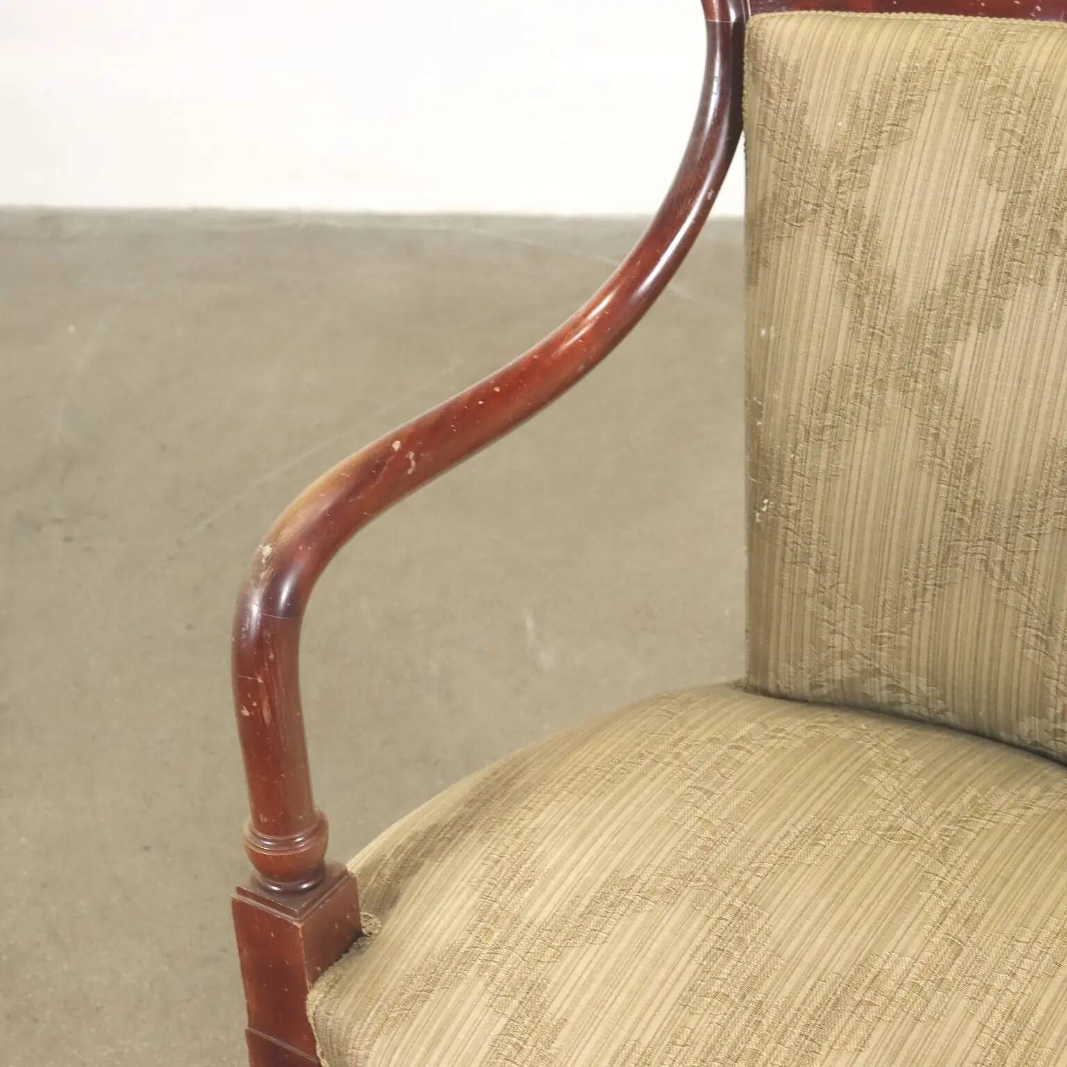 Vintage armchair in fabric and wood with armrests, design Italy 1950s-1960s