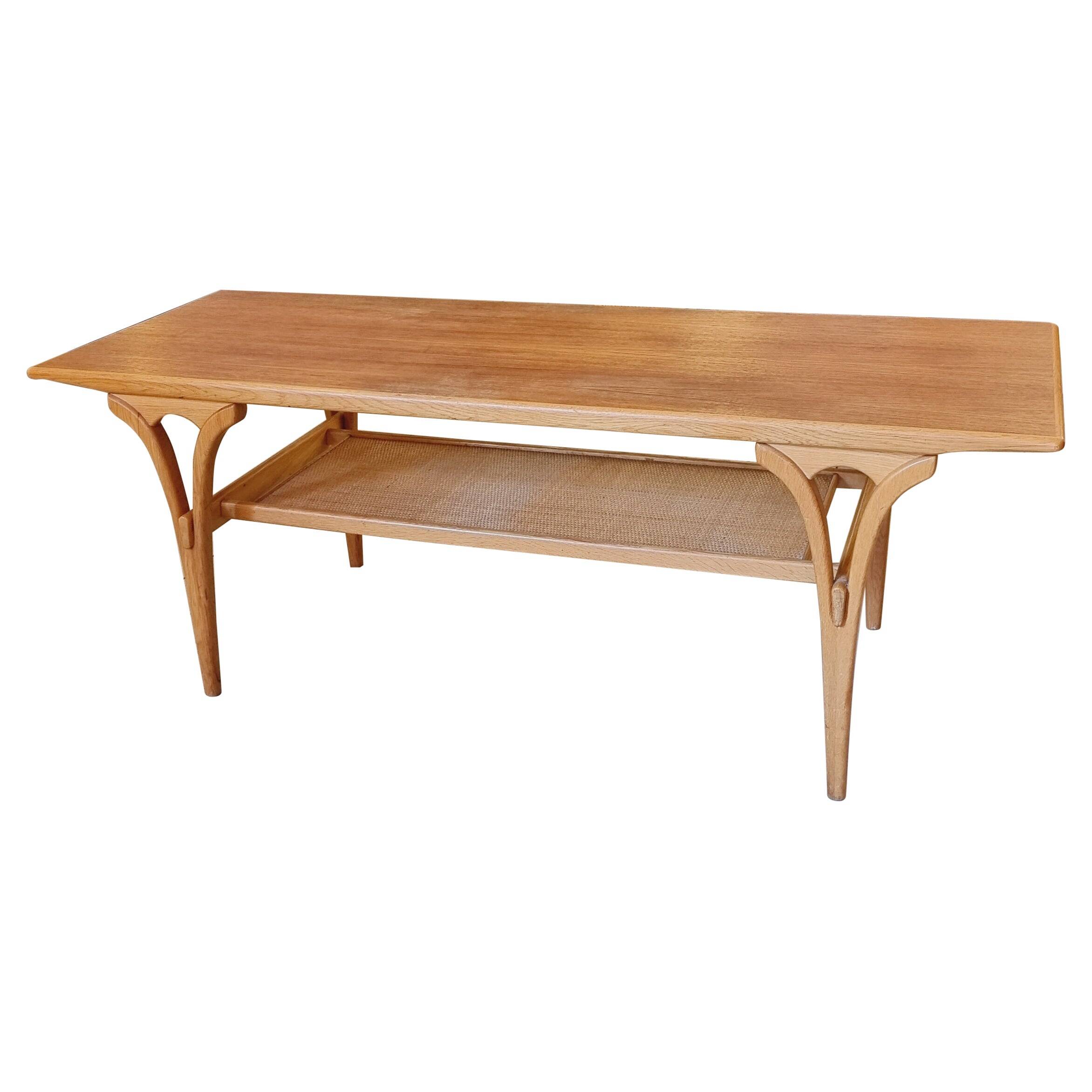 Birger Larsson, coffee table / side table, teak, oak and rattan. Modern Scandinavian.