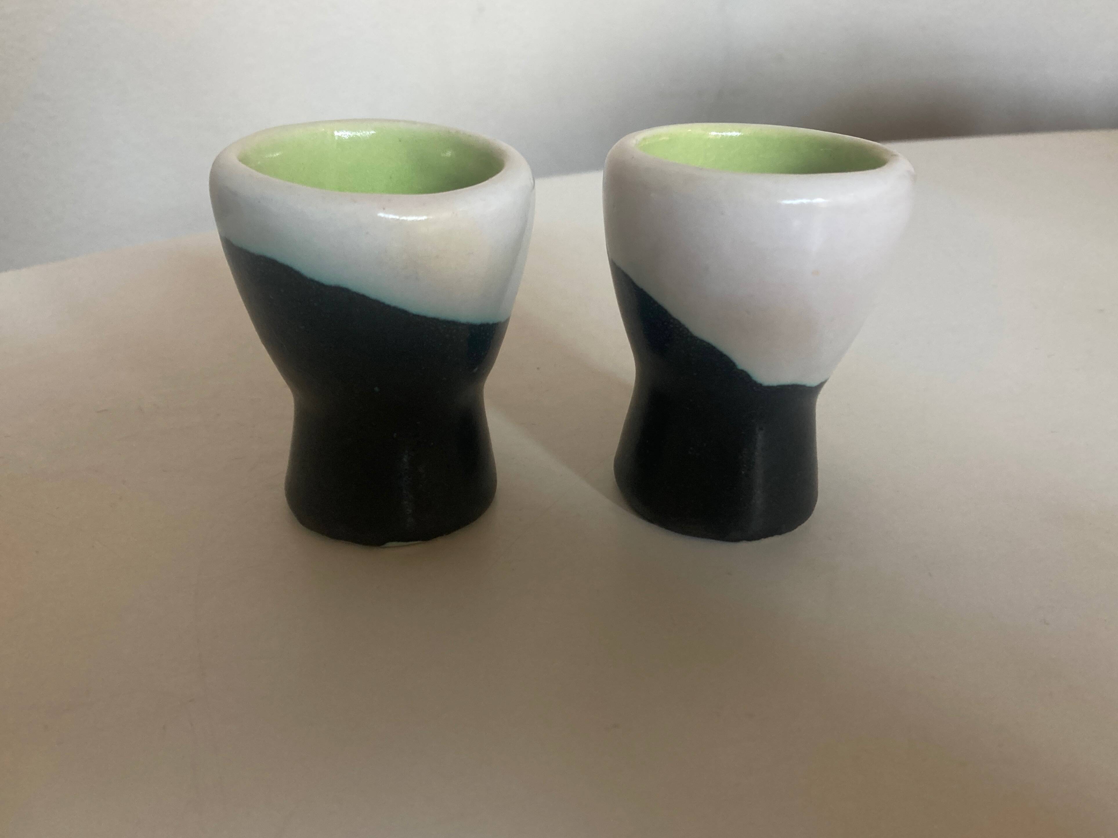 pair of green lined Vallauris 196O egg cups