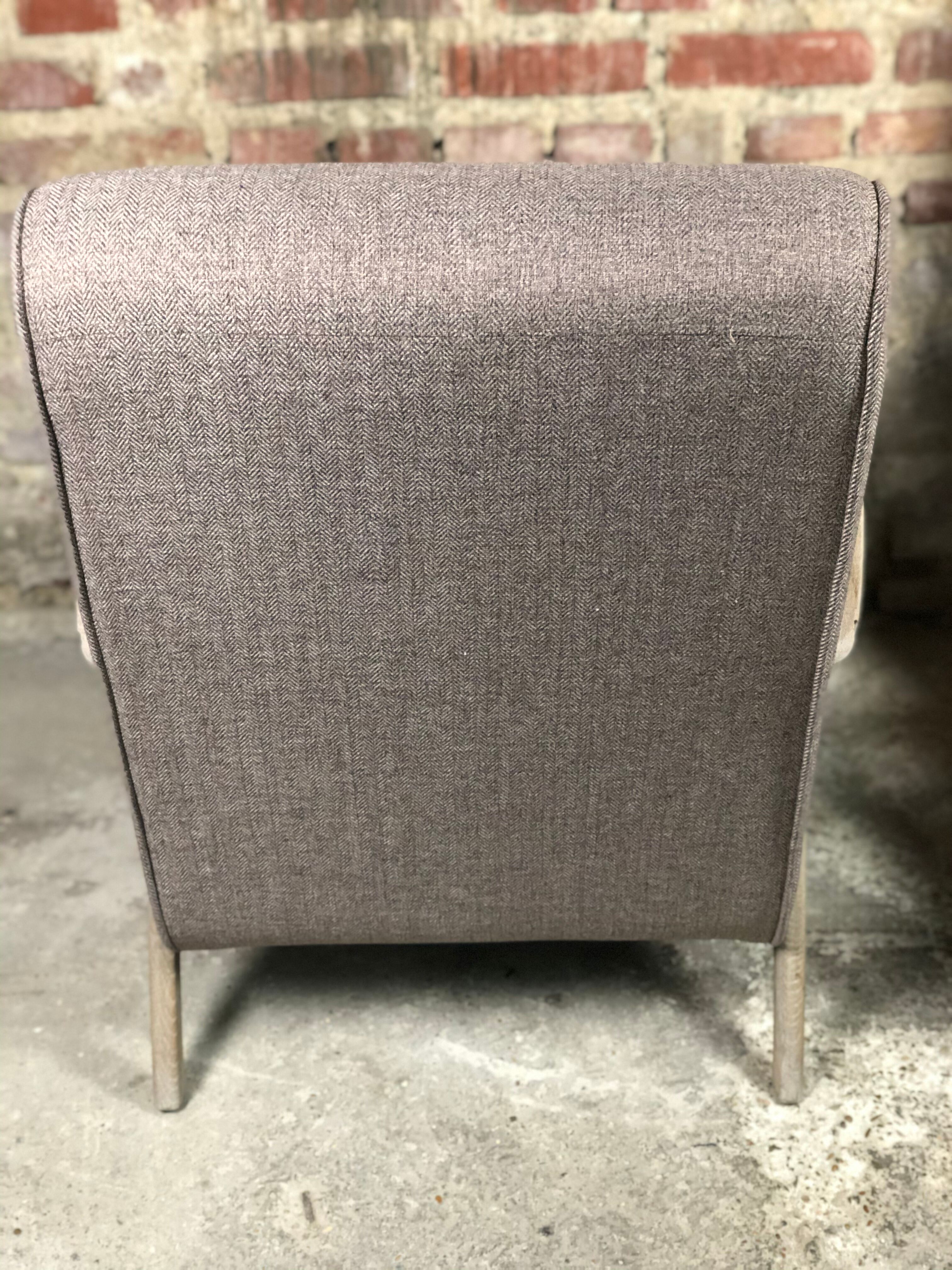 Chairs (pair) in curved rough oak and beige and brown woven mottled fabrics