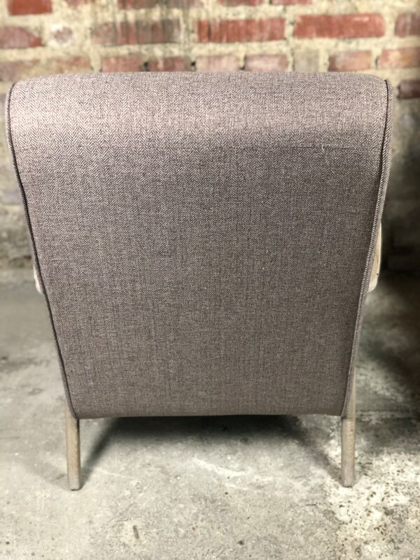 Fauteuils en chêne brut courbé et tissus chiné tissé beige et marron